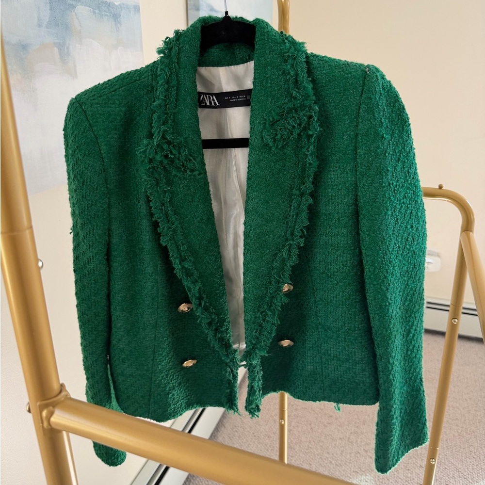 Zara Emerald Green Textured Fringe Blazer Jacket with Gold Buttons